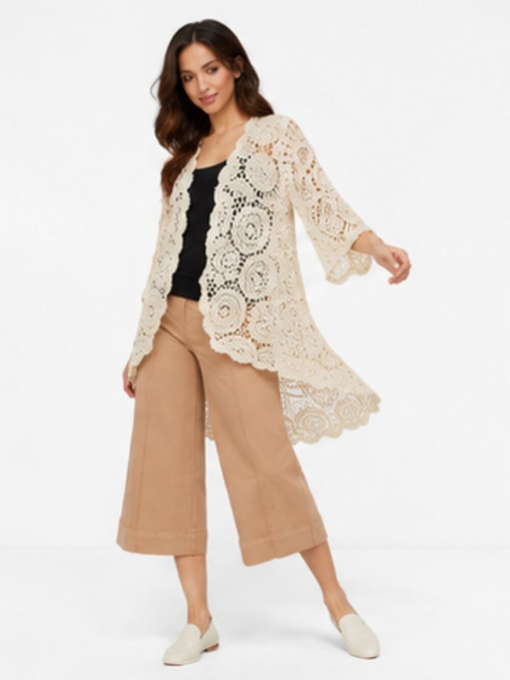 Nina Leonard Natural Crochet Bell Sleeve High Low Cardigan NWOT